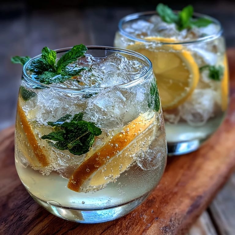Two glasses of Limoncello Spritz Mocktail garnished with lemon slices and mint, presented elegantly.