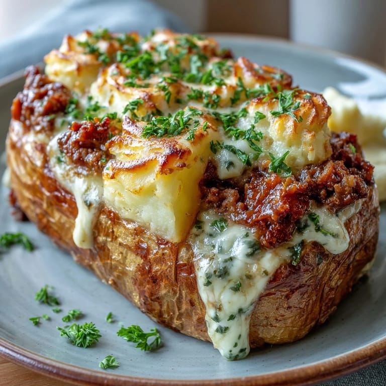 Fluffy baked potatoes filled with hearty ground beef, peas, and carrots, crowned with smooth mashed potatoes in this easy dinner recipe.