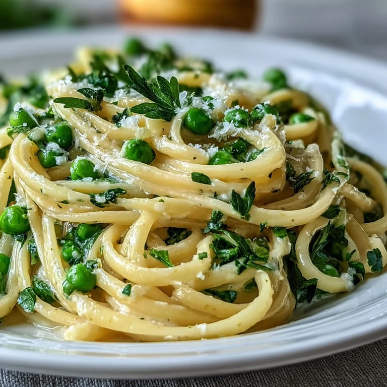 Fresh lemon butter pasta with green peas, rich Parmesan, and a silky, savory sauce.