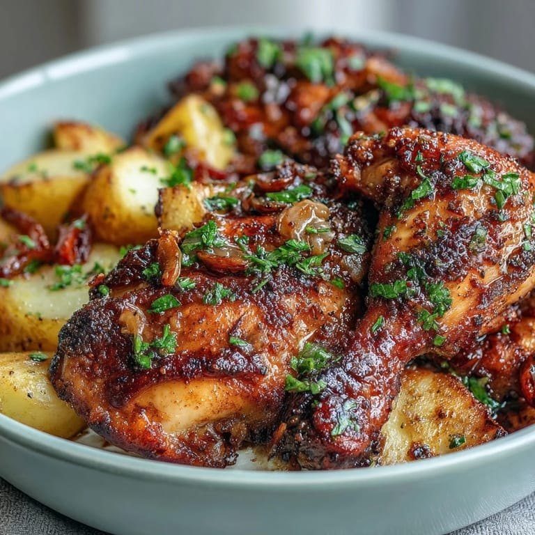 Juicy herb-seasoned chicken thighs rest on a bed of roasted carrots, parsnips, and sweet potatoes, perfect for dinner.