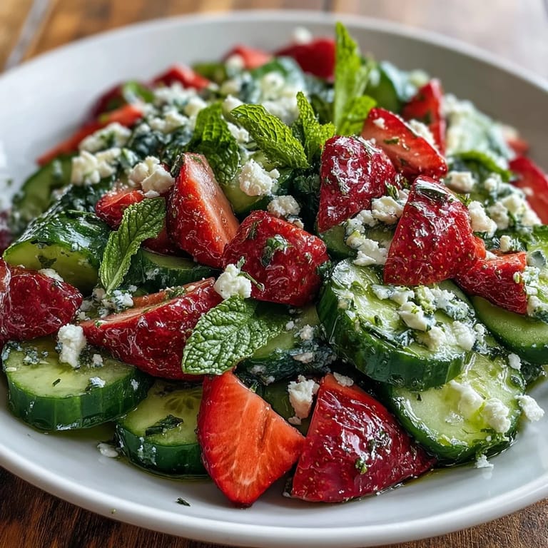 Light and refreshing cucumber strawberry salad with mint, perfect for warm days and showcasing seasonal produce.  