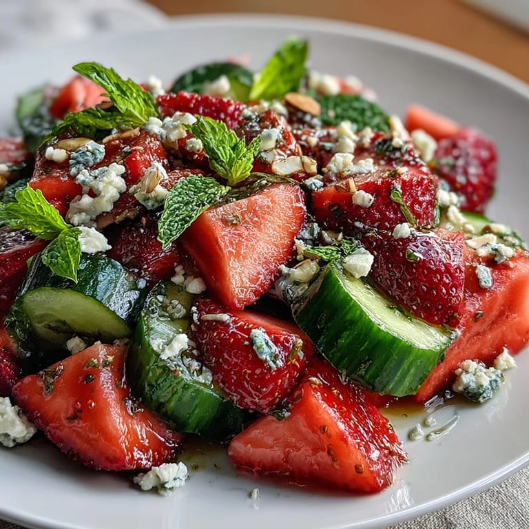 Vibrant cucumber and strawberry salad with mint, combining crunchy cucumbers, sweet berries, and bright herbs for a spring side.