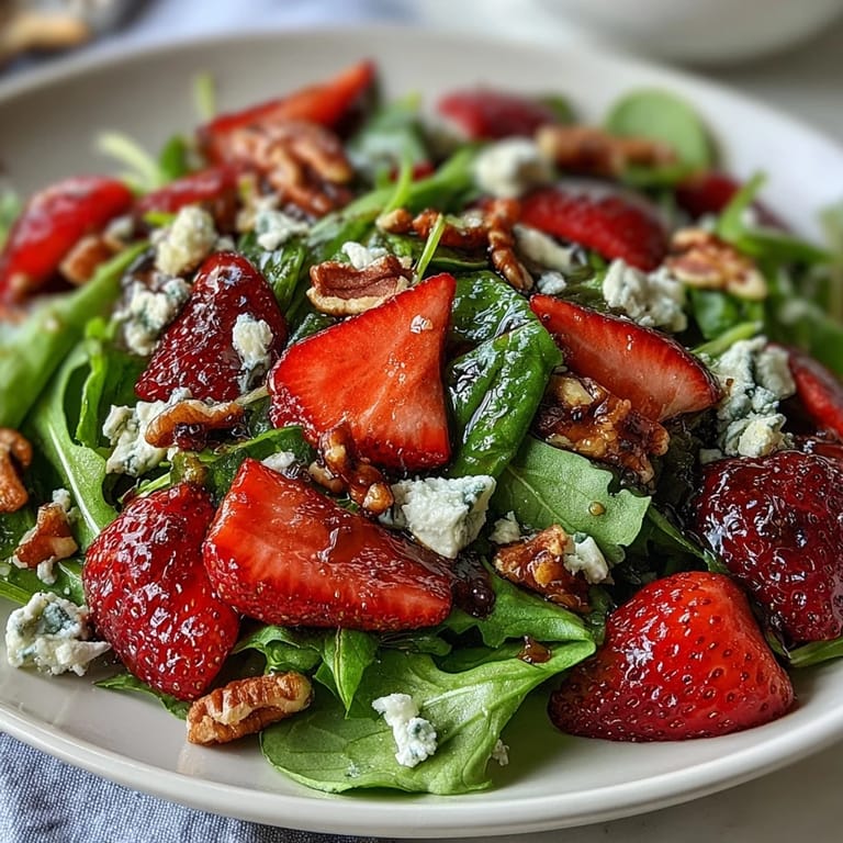 Vibrant spring salad with ripe strawberries, peppery arugula, creamy goat cheese, and a tangy balsamic glaze drizzle.