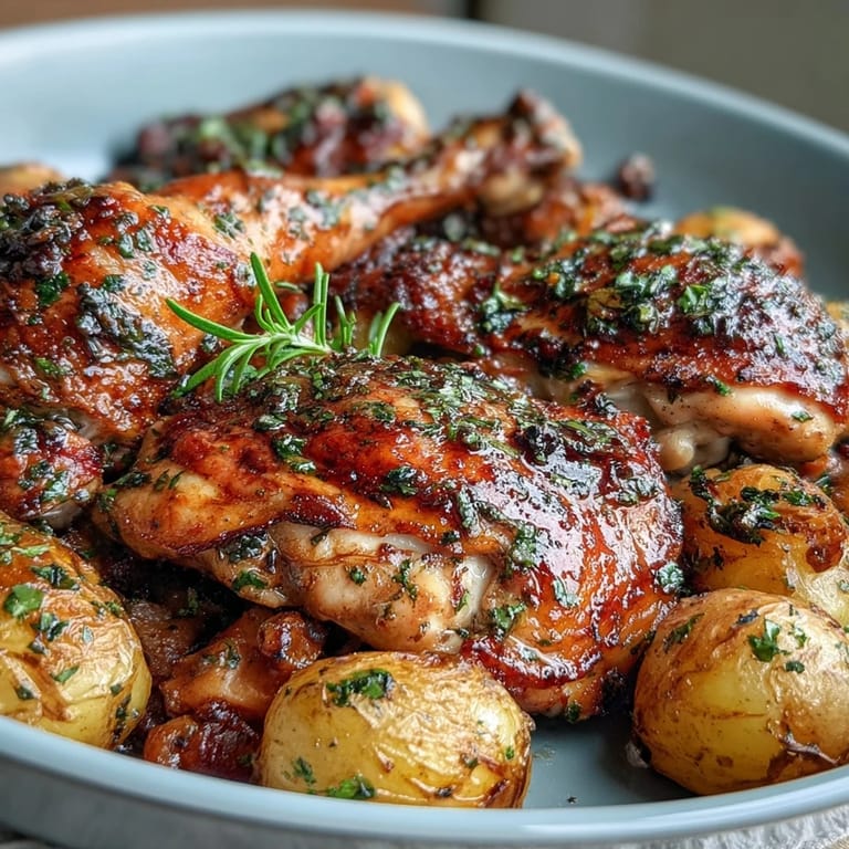 Lemon herb roasted chicken and golden baby potatoes create a vibrant, aromatic spring dinner centerpiece.  