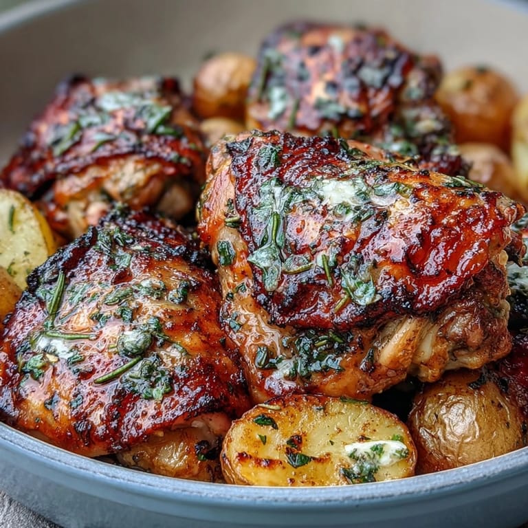 Succulent herb-roasted chicken with crispy lemon slices and roasted baby potatoes for an elegant meal.