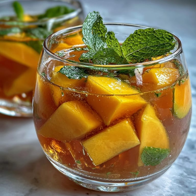 Refreshing non-alcoholic sangria with ripe mango, peach, and citrus, served over ice with a sprig of mint for garnish.