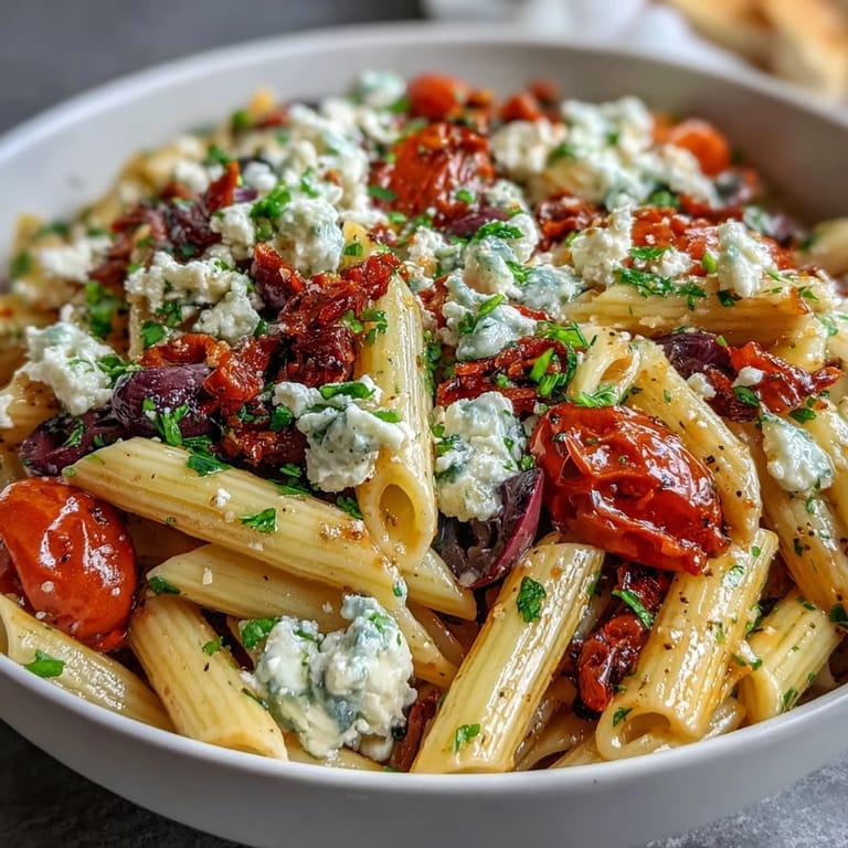 Colorful Greek pasta salad featuring creamy feta, juicy cherry tomatoes, and crisp cucumbers, perfect for summer gatherings.