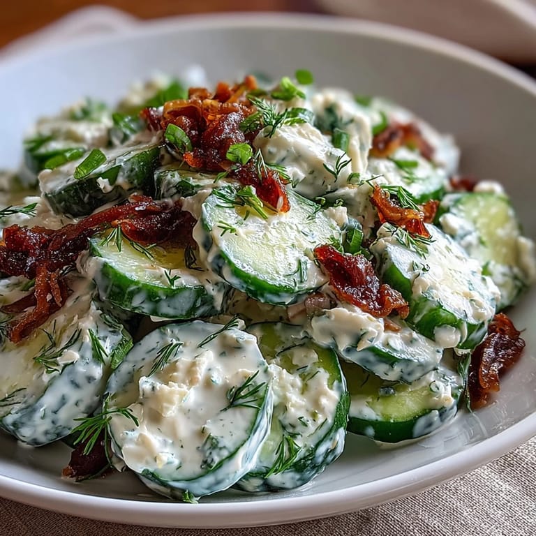 A bowl of creamy cucumber salad with dill, featuring crisp cucumber slices in tangy Greek yogurt dressing, perfect for picnics or light lunches.