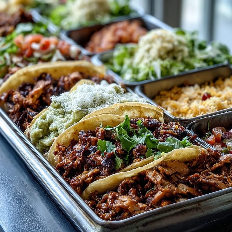 Festive Cinco de Mayo taco bar spread showcasing sizzling proteins, crisp lettuce, diced tomatoes, and melty cheese alongside warm tortillas for DIY tacos.