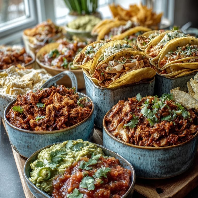 Interactive Cinco de Mayo taco bar featuring grilled chicken, seasoned beef, fresh guacamole, and a variety of zesty salsas for guests to enjoy.  