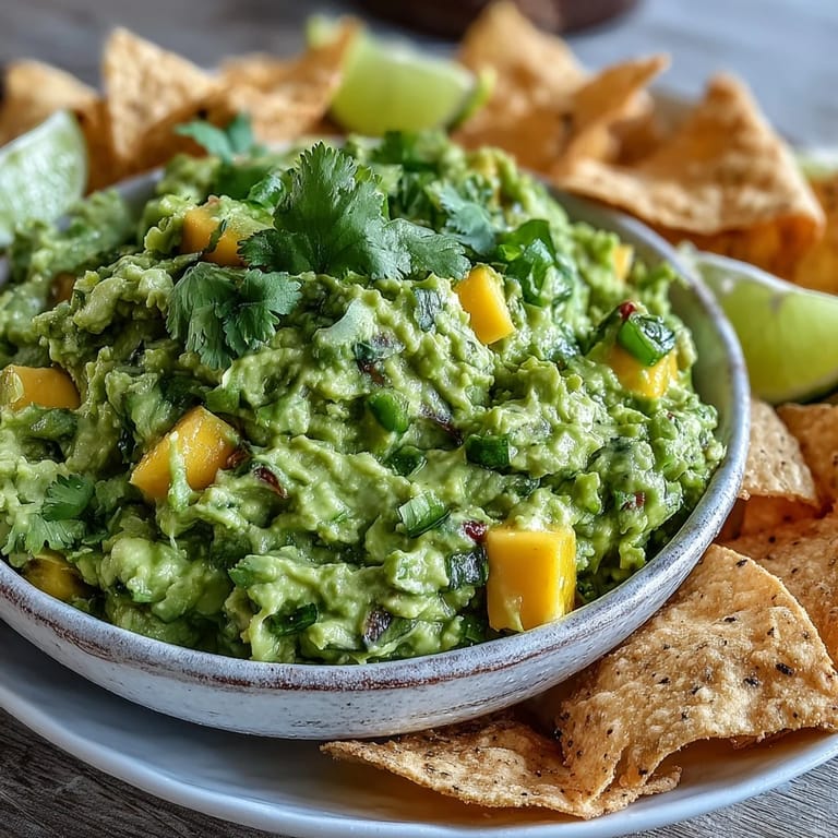 Fresh and festive guacamole featuring ripe avocado, juicy mango, and a jalapeño kick—ideal for Cinco de Mayo celebrations.  