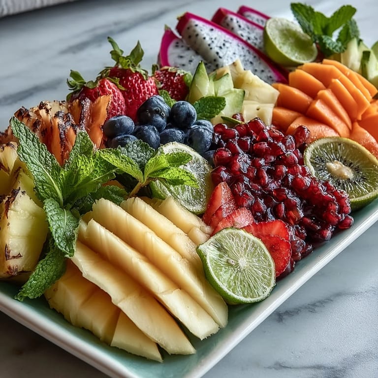 A refreshing tropical fruit platter featuring mango, pineapple, kiwi, and berries, garnished with fresh mint and lime wedges.