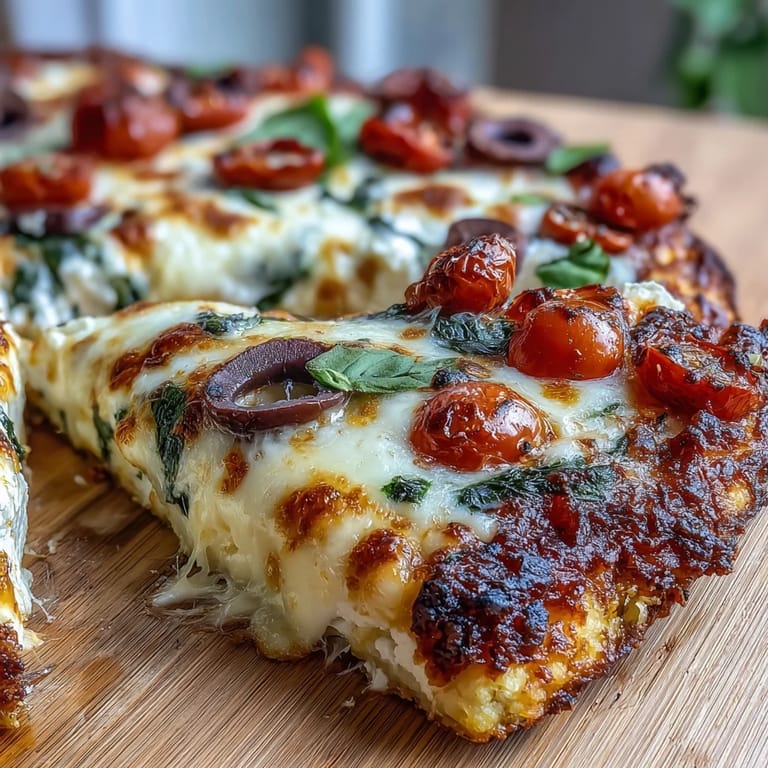 High-protein cottage cheese flatbread pizza topped with savory sauce, gooey cheese, and colorful vegetables, offering a healthy twist on classic comfort food.
