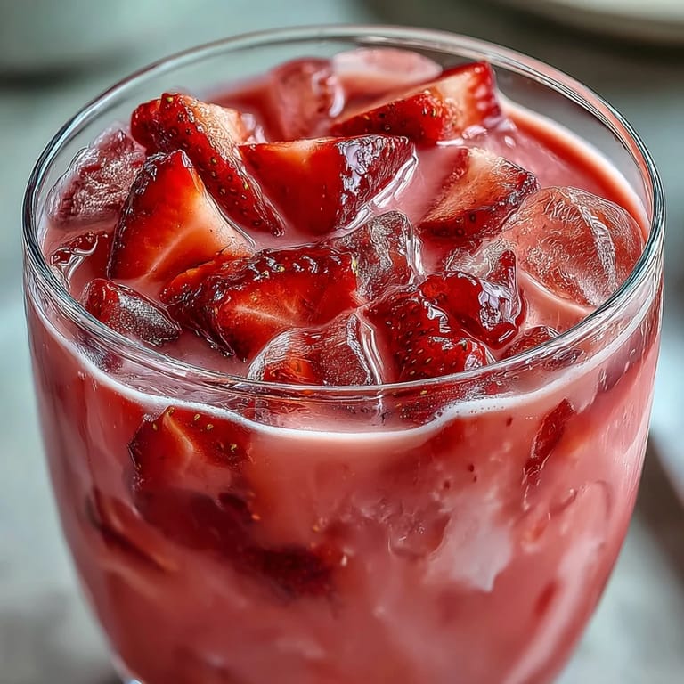 Sweet-tart Pink Starburst refresher bursting with strawberry and citrus flavors, topped with fresh berry slices and a pink hue.