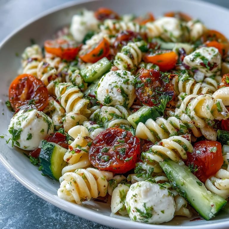 Refreshing summer pasta salad with Italian dressing, mozzarella, and crisp vegetables, a crowd-pleasing side for warm-weather gatherings.