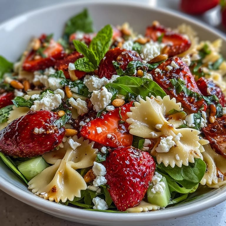 Vibrant Spring Pasta Salad featuring sweet strawberries, tangy feta, and peppery arugula, drizzled with balsamic dressing.