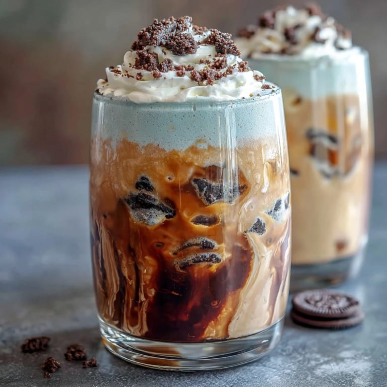 Cookies and cream cold brew served over ice with a swirl of blended chocolate sandwich cookies and vanilla cream.