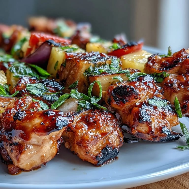 Sweet and savory grilled pineapple chicken skewers, basted with honey-lime marinade for bold flavor.