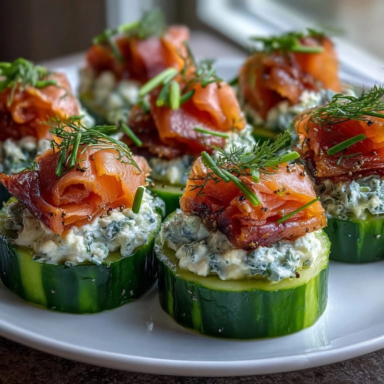 Crisp, refreshing smoked salmon cucumber bites with a creamy herbed cheese topping.