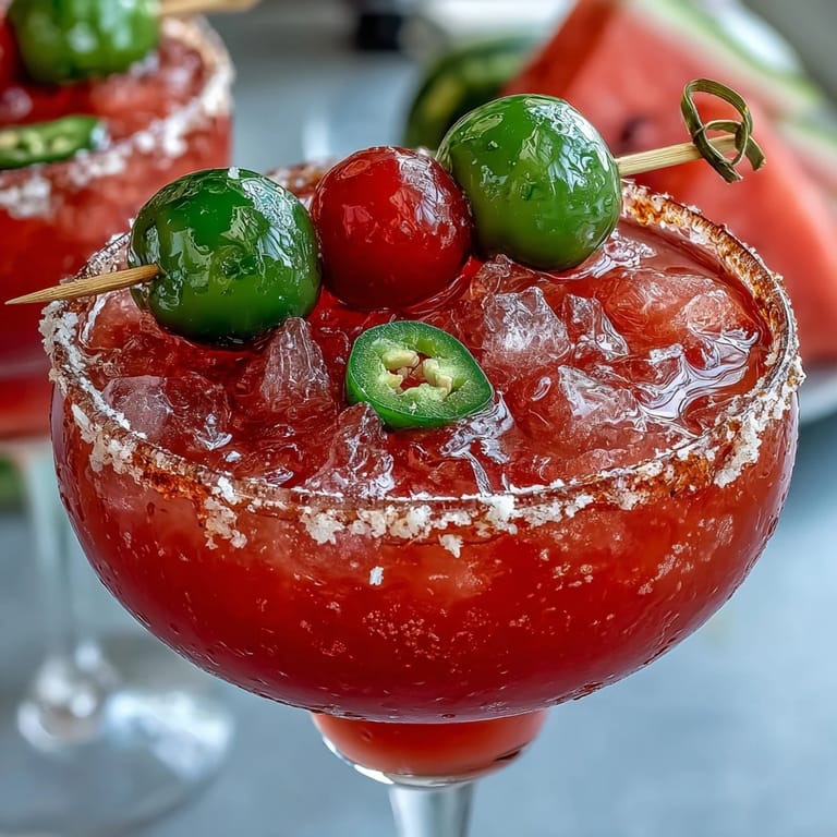 Refreshing alcohol-free watermelon margarita mocktail with a spicy jalapeño kick, served over ice with fresh fruit.