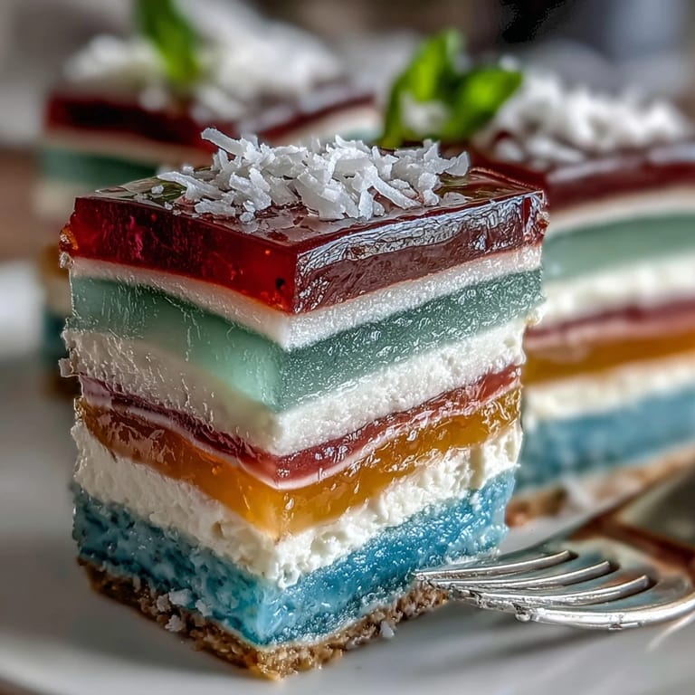 Agar-Agar Rainbow Jelly Cake with Coconut Cream: Six colorful jelly layers glisten with vanilla notes, finished with luscious coconut cream for an eye-catching summer treat.