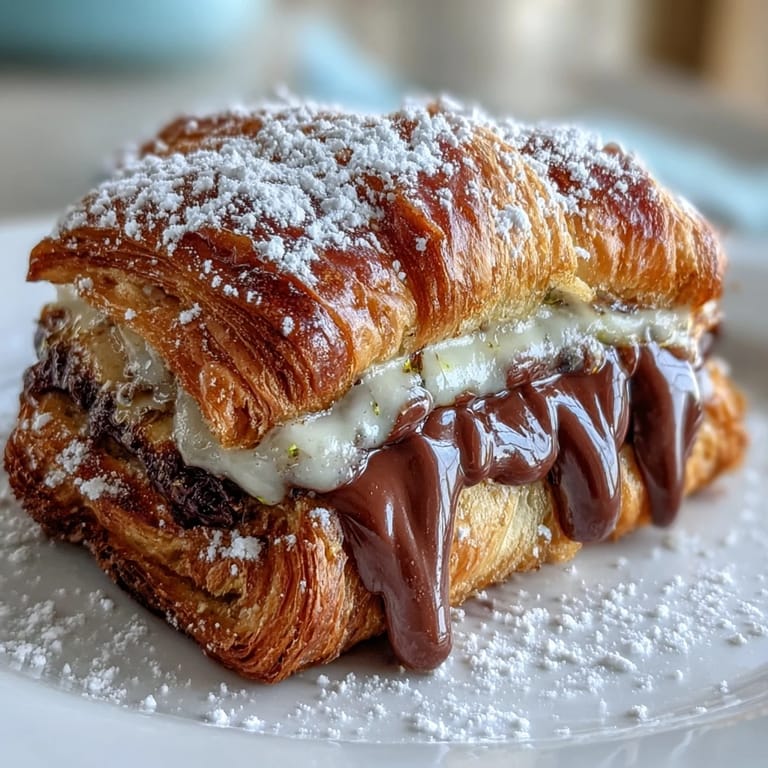 Golden croissants stuffed with rich dark chocolate, topped with crunchy pistachios and a dusting of powdered sugar.