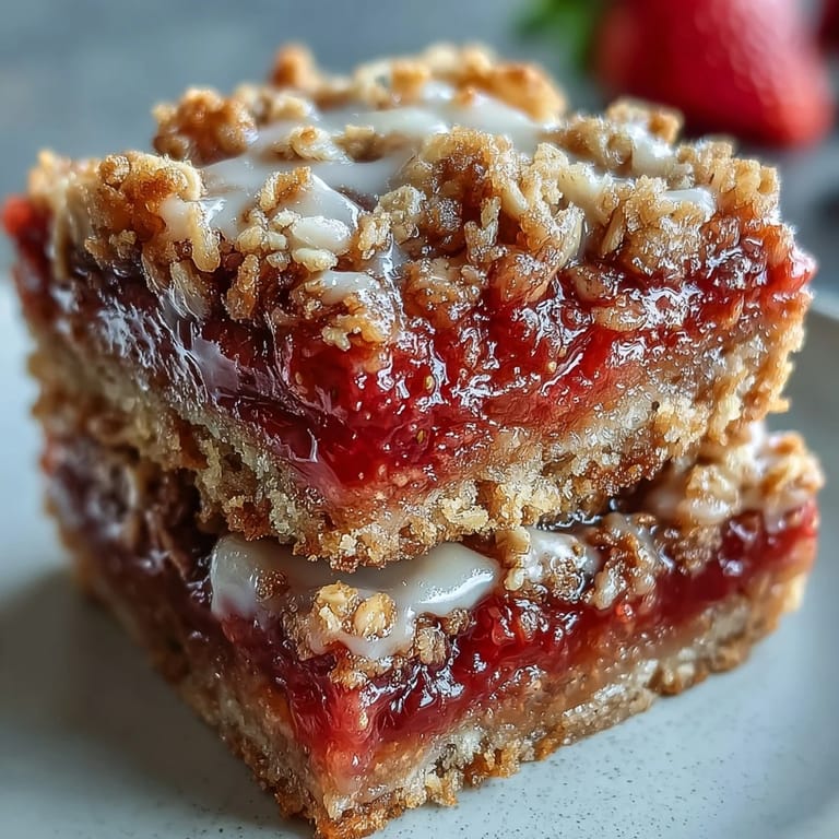 Buttery, layered crumble bars filled with vibrant strawberries and rhubarb, baked to golden perfection and ready to slice.