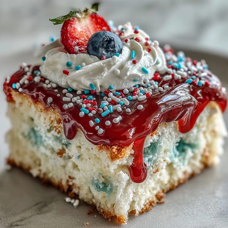 Layered Memorial Day Red White Blue Poke Cake featuring red and blue gelatin-infused white cake, topped with fluffy whipped topping and colorful sprinkles.