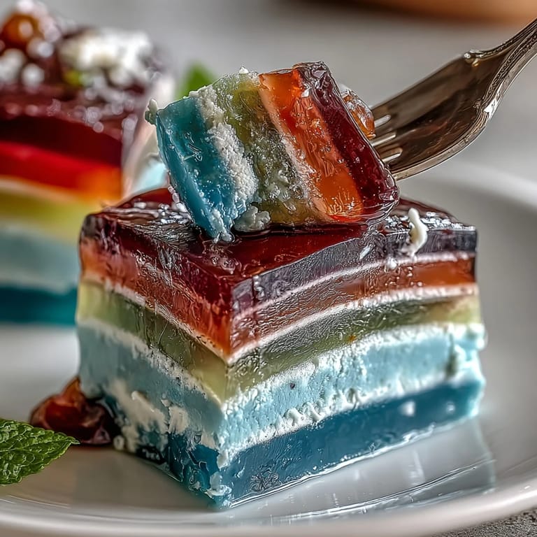 Coconut Cream Rainbow Agar-Agar Jelly Cake: A dazzling dessert of colorful agar-agar jelly layers crowned with rich coconut cream, perfect for festive gatherings.