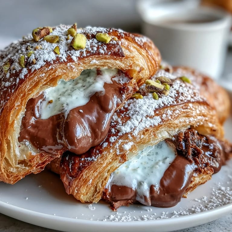 Decadent French toast made with buttery croissants, filled with chocolate and garnished with vibrant green pistachios.