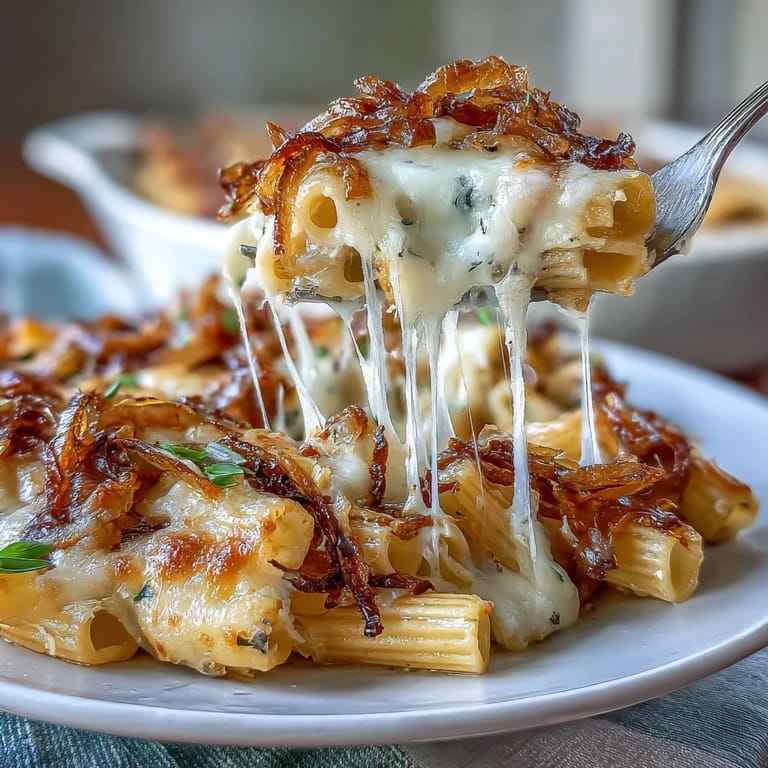 Comforting French Onion Pasta Bake featuring caramelized onions and tender pasta.