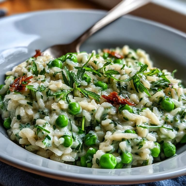 Vibrant Spring Pea Risotto, a comforting dish with Parmesan and lemon, ready to serve.