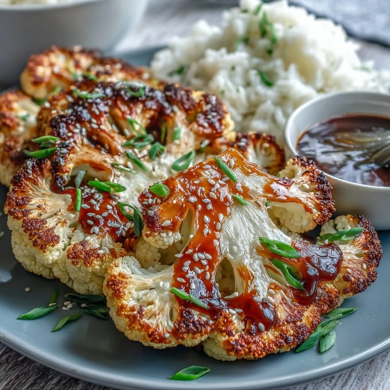 Thick-cut Teriyaki Cauliflower Steaks, oven-roasted to tender perfection, drizzled with savory sauce.