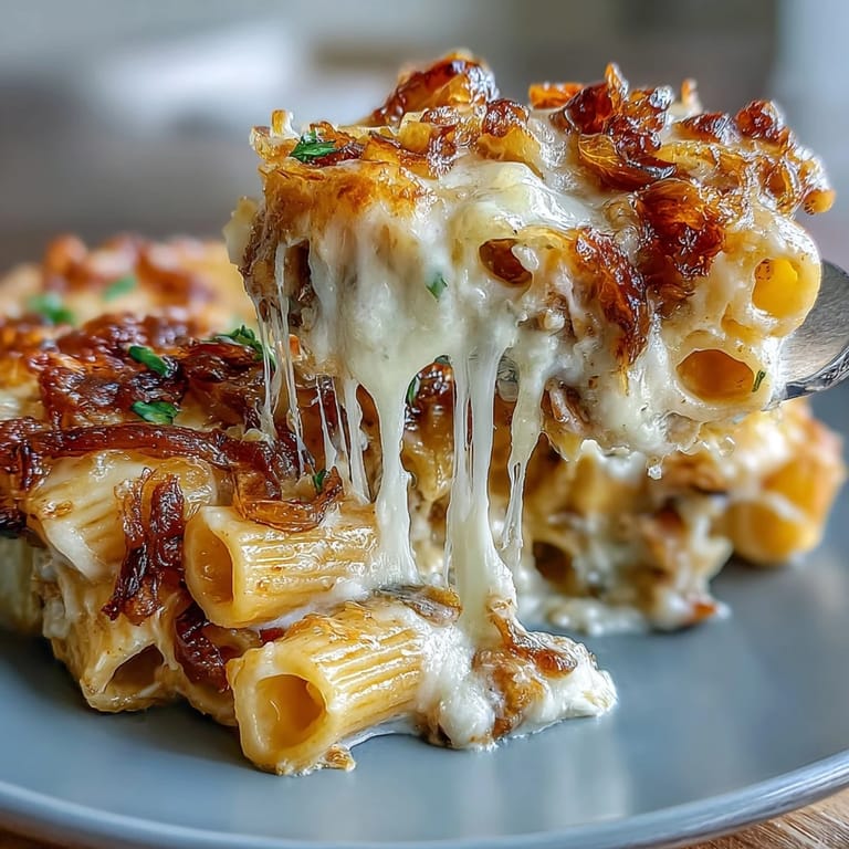 Savory French Onion Pasta Bake, a cheesy, baked casserole perfect for dinner.