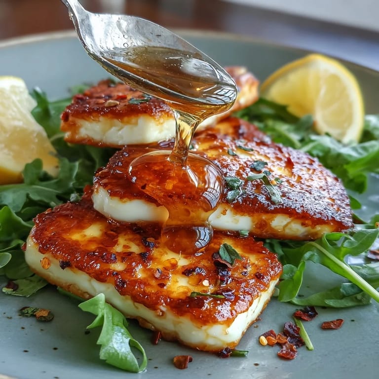 Delicious Hot Honey Halloumi appetizer with crispy cheese drizzled generously before serving.