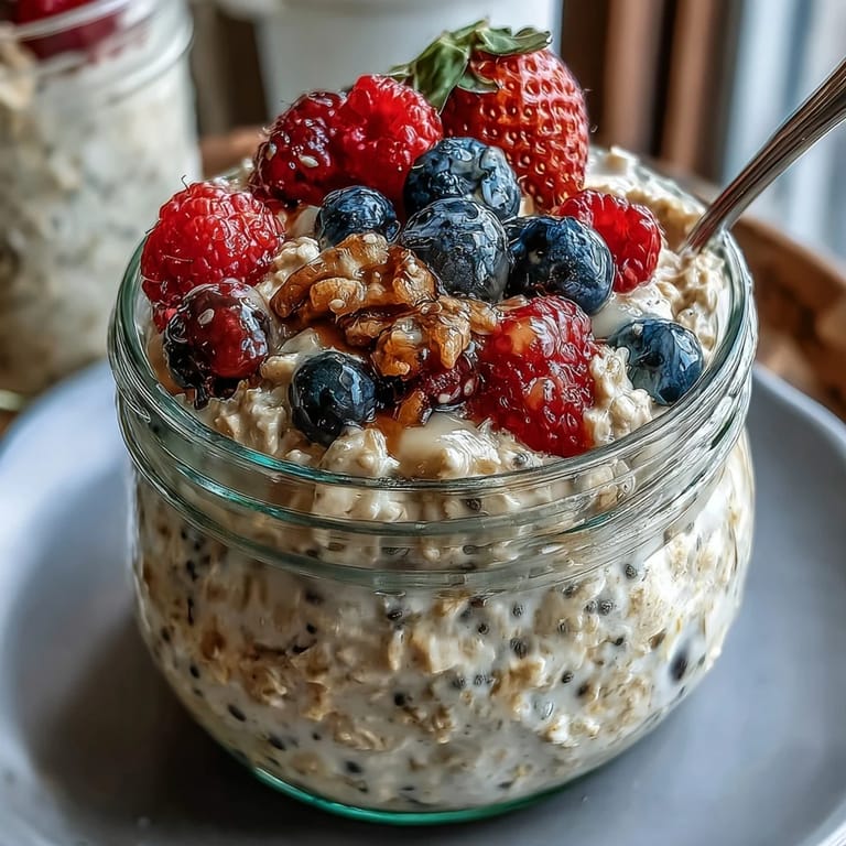 Hearty and delicious overnight oats showcasing chia, flax, and juicy berries.