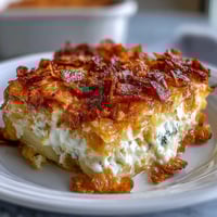 Lightened-Up Funeral Potatoes with Greek Yogurt Sauce, golden and bubbling, topped with crispy cornflake crunch in a 9x13-inch casserole dish.
