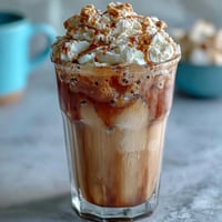 Iced Vanilla Bean Frappuccino with Coconut Whipped Cream, a creamy vegan coffee treat topped with fluffy coconut cream and vanilla bean specks.