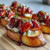 Vibrant balsamic strawberry bruschetta toasts topped with creamy goat cheese and fresh basil, perfect for summer gatherings.