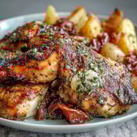Herb-marinated chicken thighs roast alongside carrots, parsnips, and sweet potatoes for a hearty sheet pan dinner.