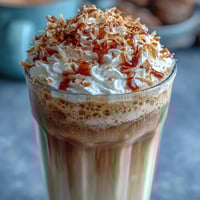 Creamy iced vanilla bean frappuccino with rich vanilla bean and toasted coconut milk foam, served in a tall glass with a frothy, golden topping.