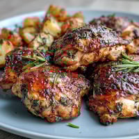 A golden roasted chicken infused with fresh lemon and herbs, served with tender baby potatoes.  