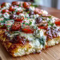 Golden cottage cheese flatbread pizza with melted mozzarella, juicy cherry tomatoes, and fresh spinach, baked to perfection on a protein-rich base.