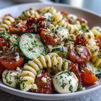 Colorful summer pasta salad with cherry tomatoes, cucumbers, and Italian dressing, perfect for picnics or light lunches.  