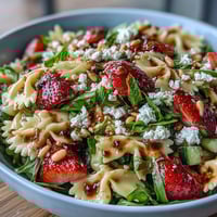 Fresh Spring Pasta Salad with Strawberries, Feta, and Arugula in a colorful bowl, perfect for light lunches or picnics.