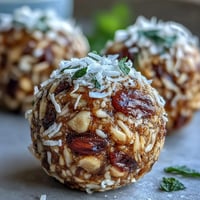 Close-up of fluffy Carrot Cake Bliss Balls dusted with coconut.