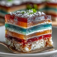Rainbow Jelly Cake with Agar-Agar and Coconut Cream: Vibrant, silky agar-agar jelly layers in rainbow colors, topped with creamy coconut cream for a stunning dairy-free dessert.