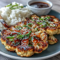 Golden Teriyaki Cauliflower Steaks coated in glossy, sweet glaze, perfect served with rice.