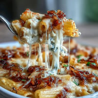 Golden French Onion Pasta Bake bubbling with melted Gruyère cheese.