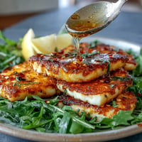 Golden pan-seared Hot Honey Halloumi glistening with spiced honey over fresh greens.